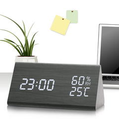 Digital Alarm Clock, Dual Time (12/24) Mode, Three Alarm Sets, Date LED Display, 3 Levels Brightness, Temperature and Humidity Wood Grain Clock for Bedrooms