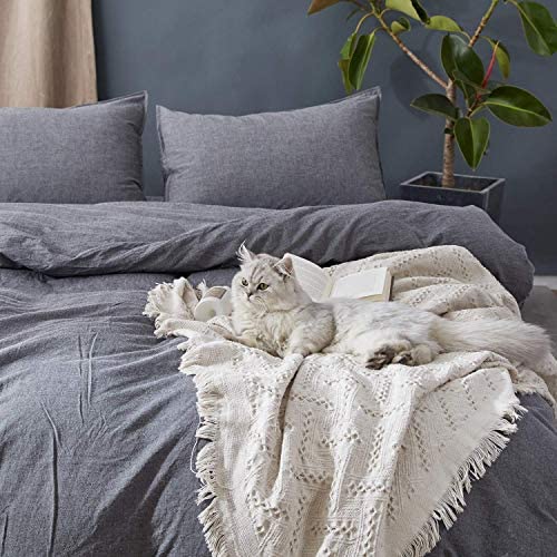 SORMAG 100% Washed Cotton Duvet Cover 3 Piece, Comforter Cover California King Size, Ultra Soft with Zipper Closure, Corner Ties, Simple Bedding Style, Gray White Plaid