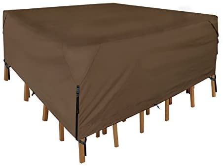 FLYMEI 600D PVC Tough Canvas 100% Waterproof Square/Round Patio Table & Chair Set Cover (60"(L) x60(W) x30(H), Beige)