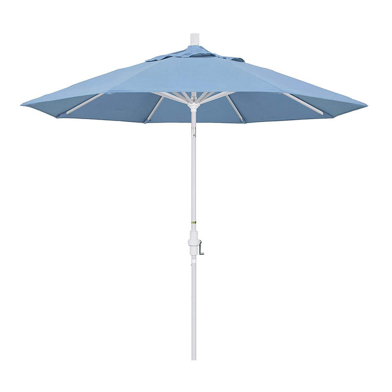 California Umbrella 9' Round Aluminum Market Umbrella, Crank Lift, Collar Tilt, White Pole, Sunbrella Pacific Blue