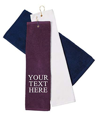 Personalized Custom Golf Towel - Add Your Embroidered Name or Monogram - Trifold Golf Towels with Grommet and Carabiner Clip, Hook