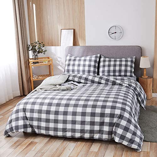 SORMAG 100% Washed Cotton Duvet Cover 3 Piece, Comforter Cover California King Size, Ultra Soft with Zipper Closure, Corner Ties, Simple Bedding Style, Gray White Plaid