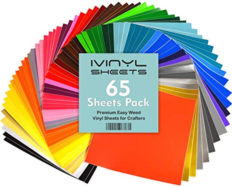 iVinyl - 65 Adhesive Sheets 12" x 12" Premium Permanent Self Adhesive Backed Vinyl Sheets - 65 Glossy & Matt Assorted Colors Sheets for Cricut, Craft Cutters, Silhouette Cameo & Crafting Machines