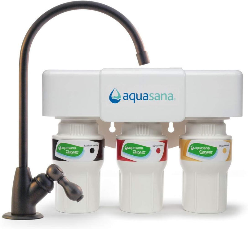 Aquasana 3-Stage Under Sink Water Filter System - Kitchen Counter Claryum Filtration - Filters 99% Of Chloramine - Brushed Nickel - AQ-5300