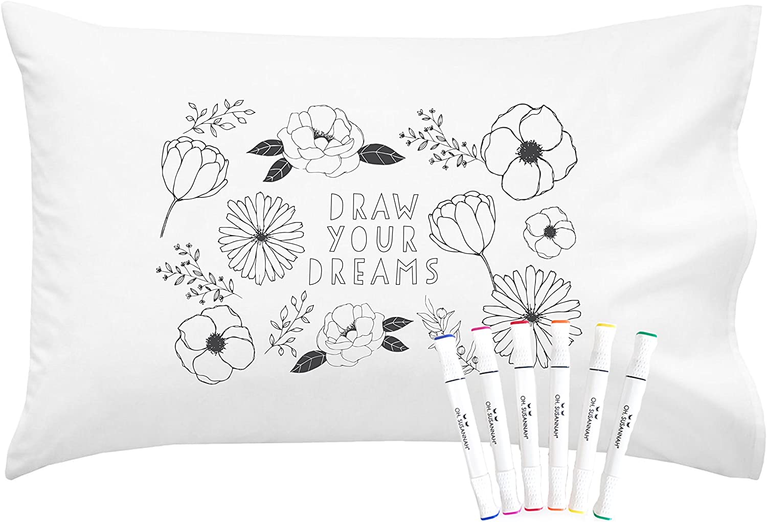 Oh, Susannah Donut Coloring Pillowcase Kit (1 Pillow Cover 20 by 30 Inches) with Permanent Fabric Markers Included Kindergarten Color Your Own Pillow Cover Doodle Pillowcase