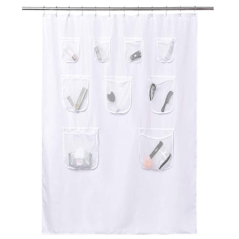 Mrs Awesome Fabric Shower Curtain with 9 Pockets 60 inches Width, Water Repellent, Washable, Odorless and Rust Proof Grommets, White,60x72