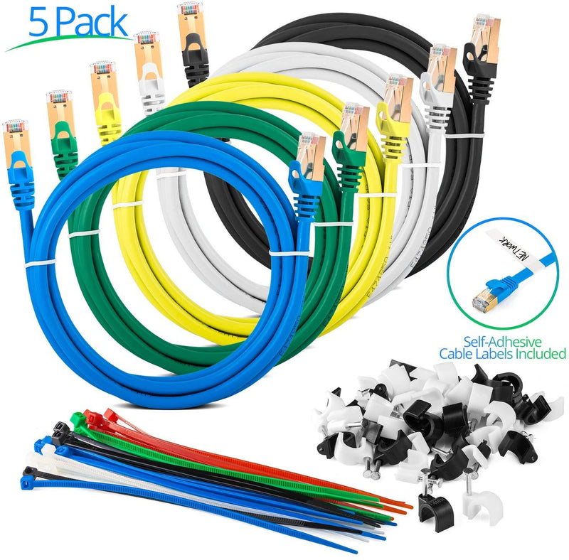 Maximm Cat7 Ethernet Cable, 15 Feet, Green, 5-Pack - Pure Copper - RJ45 Gold-Plated Snagless Connectors 600 MHz, 10 Gbps. for Fast Network & Computer Networking + Cable Clips and Ties