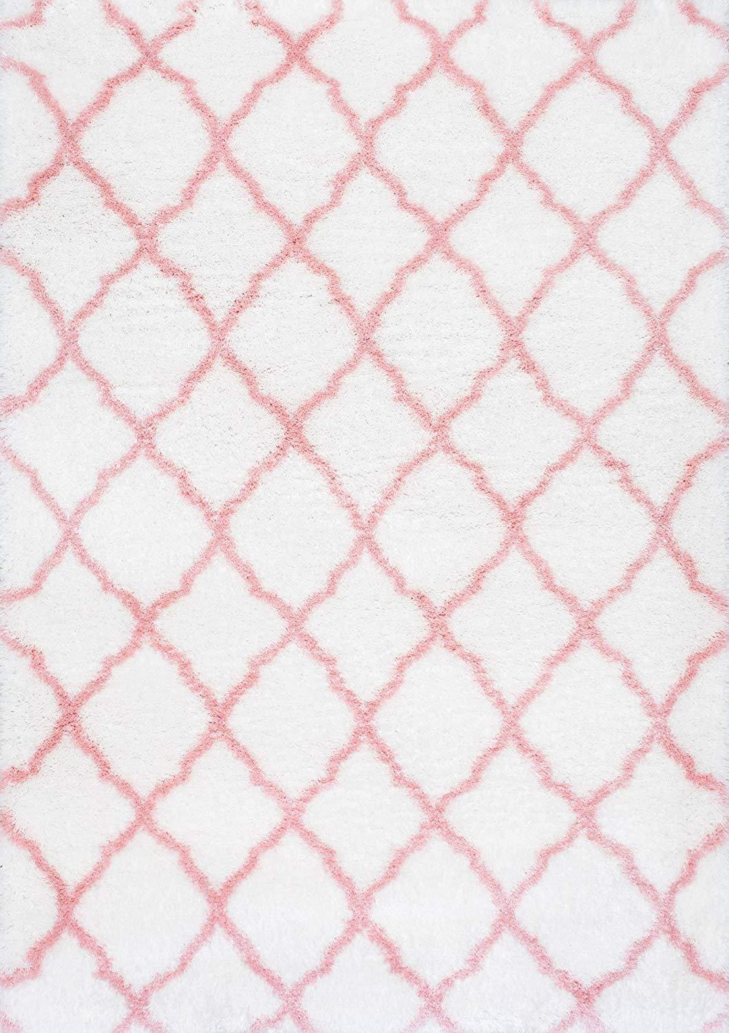 PAGISOFE Nelda Trellis Shag Rug, 4' x 6', Baby Pink