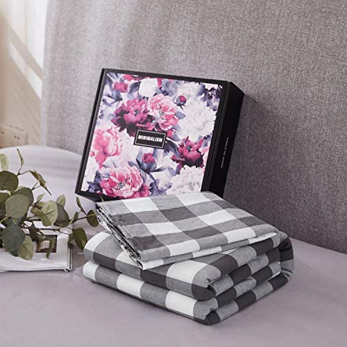 SORMAG 100% Washed Cotton Duvet Cover 3 Piece, Comforter Cover California King Size, Ultra Soft with Zipper Closure, Corner Ties, Simple Bedding Style, Gray White Plaid