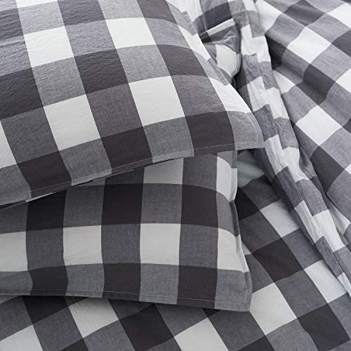 SORMAG 100% Washed Cotton Duvet Cover 3 Piece, Comforter Cover California King Size, Ultra Soft with Zipper Closure, Corner Ties, Simple Bedding Style, Gray White Plaid