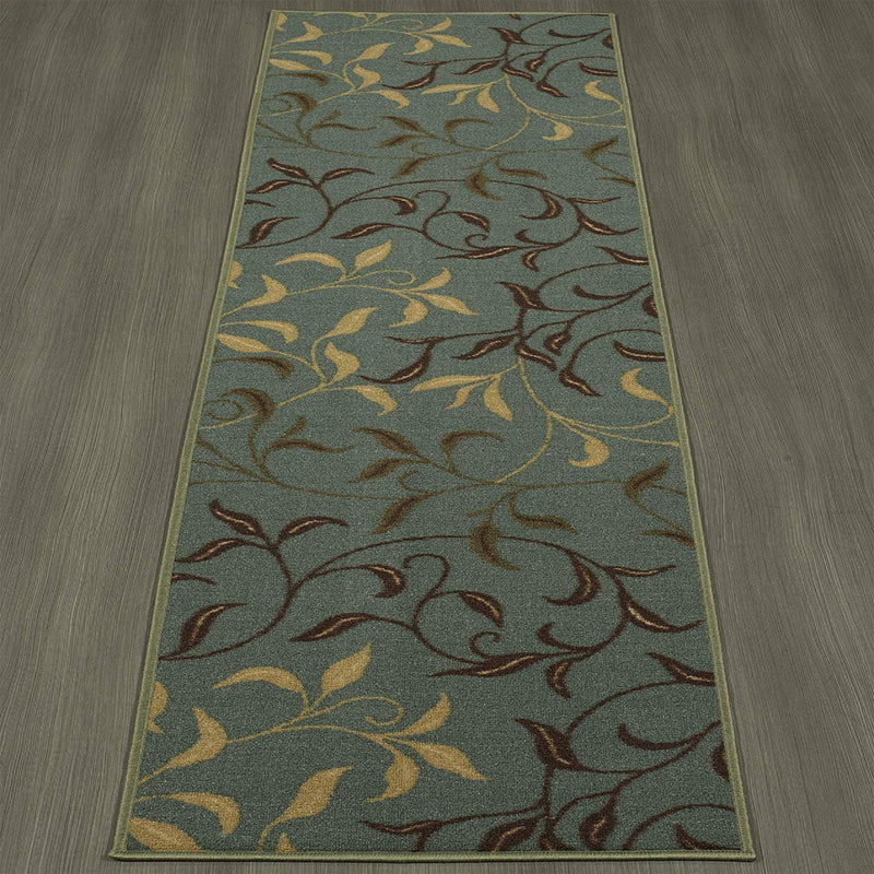 Ottomanson Otto Home Contemporary Leaves Design Modern Area Rug Hallway Runner, 2'7" X 9'10", Sage Green/Aqua Blue