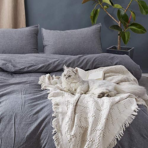 SORMAG 100% Washed Cotton Duvet Cover 3 Piece, Comforter Cover California King Size, Ultra Soft with Zipper Closure, Corner Ties, Simple Bedding Style, Gray White Plaid