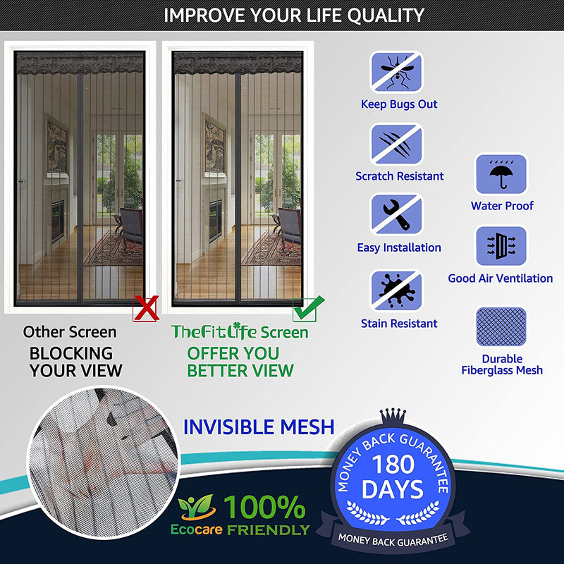 TheFitLife Magnetic Screen Door - Heavy Duty Mesh Curtain with Full Frame Hook and Loop Powerful Magnets that Snap Shut Automatically - Black 36"x83" Fits Door Size up to 34"x82" Max