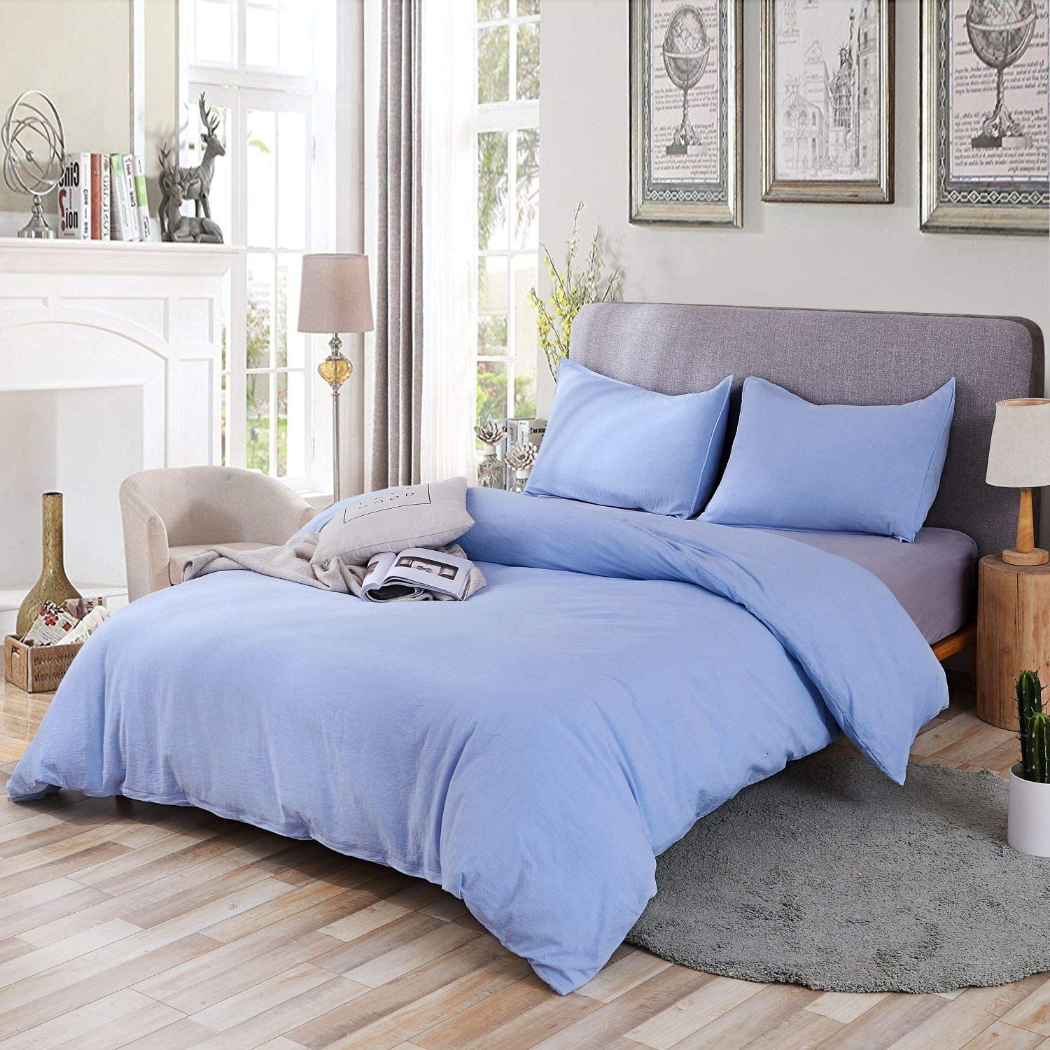 SORMAG 100% Washed Cotton Duvet Cover 3 Piece, Comforter Cover California King Size, Ultra Soft with Zipper Closure, Corner Ties, Simple Bedding Style, Gray White Plaid