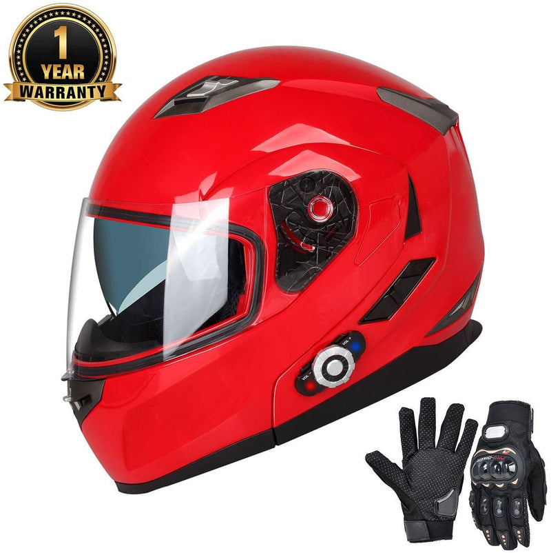 FreedConn Bluetooth Motorcycle Helmets Speakers Integrated Modular Flip up Dual Visors Full Face Built-in Bluetooth Mp3 Intercom headset Communication Range 500M (Red, Medium)