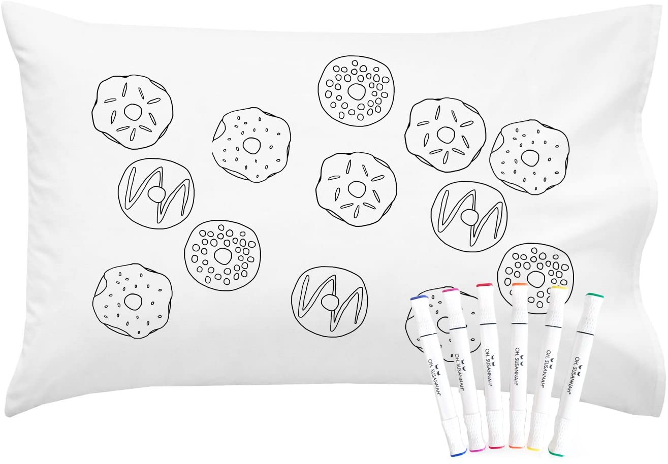 Oh, Susannah Donut Coloring Pillowcase Kit (1 Pillow Cover 20 by 30 Inches) with Permanent Fabric Markers Included Kindergarten Color Your Own Pillow Cover Doodle Pillowcase