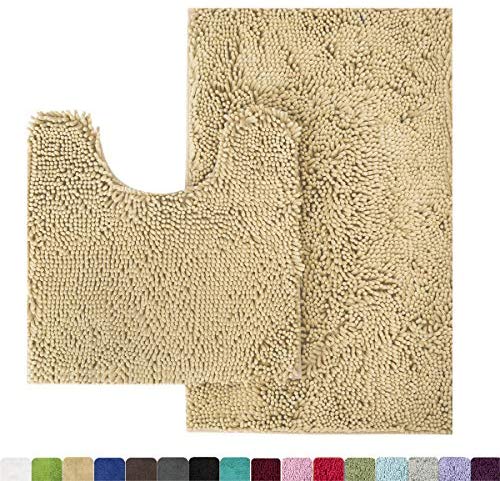 Office Marshal 16x24 Inches Non-Slip Bathroom Rug Shag Shower Mat Machine-Washable Bath Mats with Water Absorbent Soft Microfibers, 2 Pack, Black