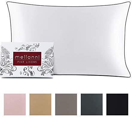 Mellanni Silk Pillowcase Queen - 19 Momme 100% Pure Natural Mulberry Silk Pillow Case for Hair and Skin - Hidden Zipper Closure - Both Sides are Silk (Queen 20" X 30", Black, White Piping)